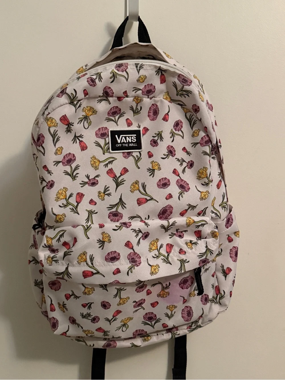 Vans Old Skool White Floral Canvas Backpack with Pink & Yellow Blossoms